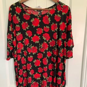 LuLaRoe Irma Tee High Low Black with Red Roses